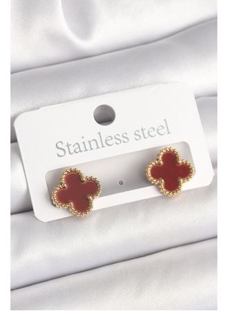 Pirinç Gold Renk Bordo Yonca Model Kadın Küpe