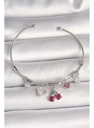 Pirinç Gümüş Renk Sallantı Kiraz Figür Kalp Detay Charm Kadın Bileklik