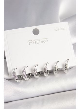 925 Ayar Gümüş Çivi Pirinç Gümüş Renk İşlemeli Halka Model Kadın Küpe Seti