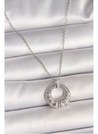 316L Çelik Gümüş Renk Zincir Zirkon Taş İşlemeli Daire Model Kadın Kolye