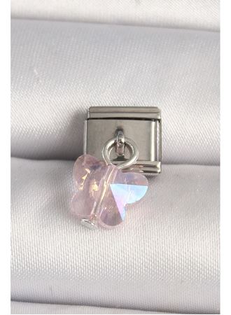 316L Çelik Gümüş Renk Pembe Zirkon Taşlı Kelebek Model Nomination Charm