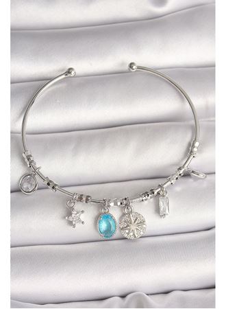 Pirinç Gümüş Renk Sallantı Pusula Figür Kalp Detay Charm Kadın Bileklik