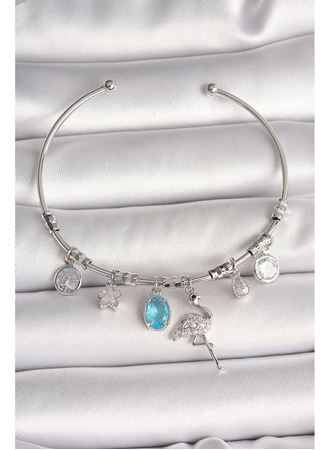 Pirinç Gümüş Renk Sallantı Zirkon Taşlı Filaminga Figür Charm Kadın Bileklik