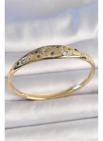 Pirinç Gold Renk Zirkon Taşlı Hilal İşleme Mavi Taşlı Yıldız Detay Kadın Kelepçe