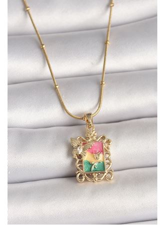 316L Çelik Gold Renk Renkli Zirkon Taşlı Kelebek İşlemeli Portre Model Kadın Kolye