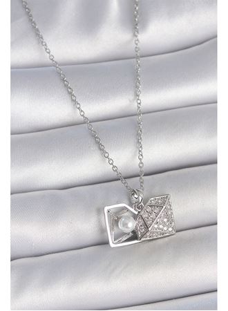 316L Çelik Gümüş Renk Zincir Zirkon Taşlı İncili Açılır Elmas Model Kadın Kolye