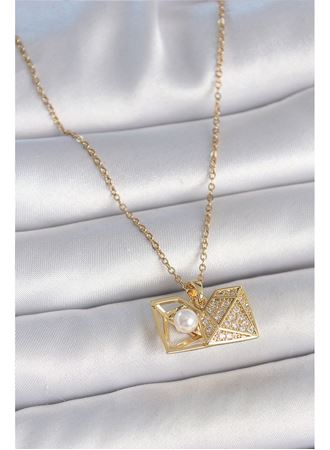 316L Çelik Gold Renk Zincir Zirkon Taşlı Açılır İncili Elmas Model Kadın Kolye