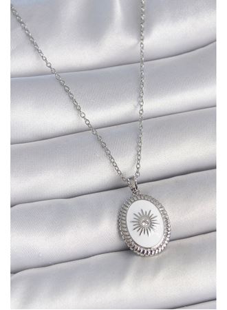 316L Çelik Gümüş Renk Beyaz Mineli Güneş İşlemeli Nazar Boncuk Detay Madalyon Model Kadın Kolye