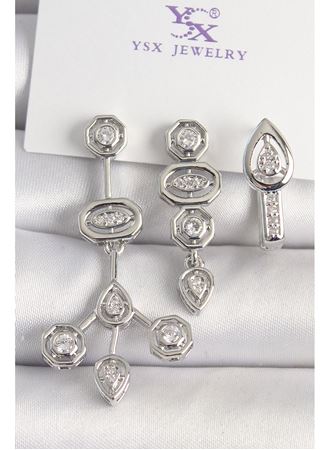 Pirinç Gümüş Renk Zirkon Taşlı Geometrik Model 3'Lü Kadın Kombin Küpe