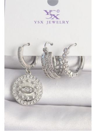 Pirinç Gümüş Renk Zirkon Taşlı Göz İşlemeli Halka Model 3'Lü Kadın Kombin Küpe