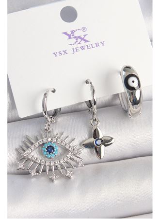 Pirinç Gümüş Renk Zirkon Taşlı Göz Model Nazar Boncuk Detay 3'Lü Kadın Kombin Küpe