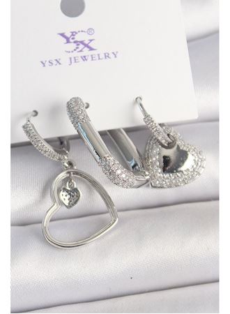 Pirinç Gümüş Renk Sallantı Zirkon Taşlı Kalp Model 3'Lü Kadın Kombin Küpe