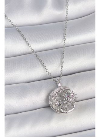 316L Çelik Gümüş Renk Zincir Ay Güneş Model Zirkon Taş Detay Kadın Kolye