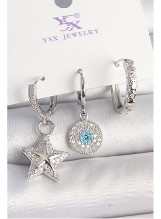 Pirinç Gold Renk Zirkon Taşlı Yıldız Model Nazar Boncuk Detay 3'Lü Kadın Kombin Küpe