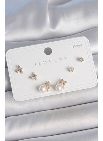 Pirinç Gold Renk Zirkon Taşlı Kelebek Model İnci Detay 925 Ayar Gümüş Çivi Kadın Küpe Seti