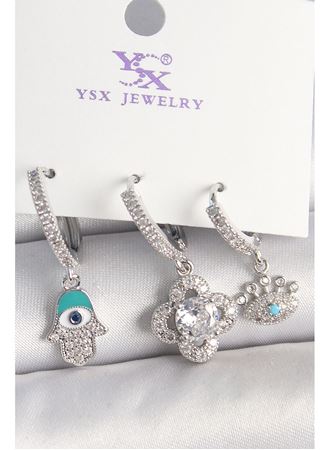 Pirinç Gümüş Renk Zirkon Taşlı Fatma Ana Yonca Figür Göz Detay 3'Lü Kadın Kombin Küpe