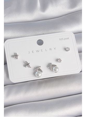 Pirinç Gümüş Renk Zirkon Taşlı Kelebek Model İnci Detay 925 Ayar Gümüş Çivi Kadın Küpe Seti