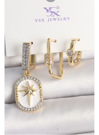 Pirinç Gold Renk Sallantı Zirkon Taş İşlmeli Yıldız Portre Model 3'Lü Kadın Kombin Küpe