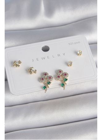 Pirinç Gold Renk Renkli Zirkon Taşlı Çiçek Model Yaprak Detay 925 Ayar Gümüş Çivi Kadın Küpe Seti