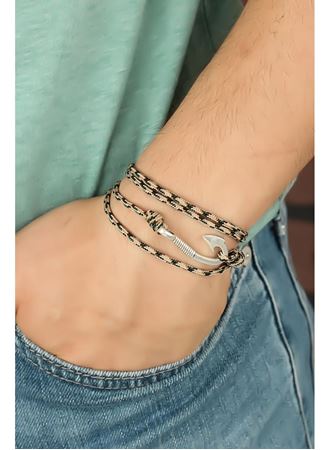 Krem Renk Çizgi Desenli Metal Kancalı Erkek Bileklik