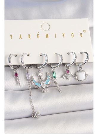 Pirinç Gümüş Renk Zirkon Taşlı Kuş Figür Çiçek Detay 6'Lı Kadın Kombin Küpe