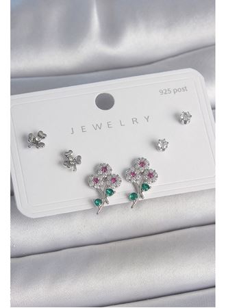 Pirinç Gümüş Renk Renkli Zirkon Taşlı Çiçek Model Yaprak Detay 925 Ayar Gümüş Çivi Kadın Küpe Seti