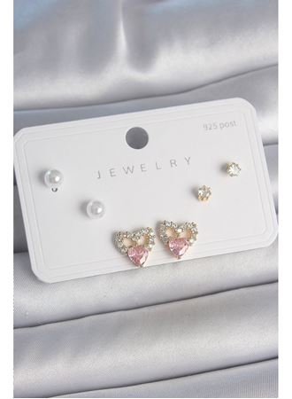 Pirinç Gold Renk Pembe Zirkon Taşlı Kalp Model İnci Detay 925 Ayar Kadın Küpe Seti