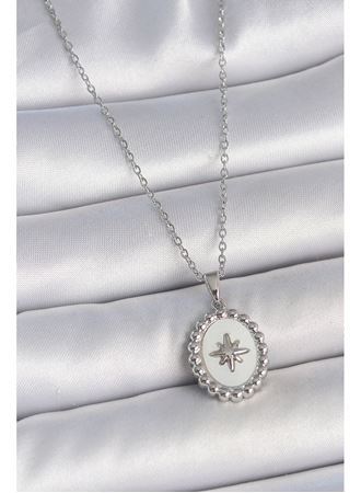 316L Çelik Gümüş Renk Zincir Beyaz Mineli Kutup Yıldız İşlemeli Madalyon Model Kadın Kolye