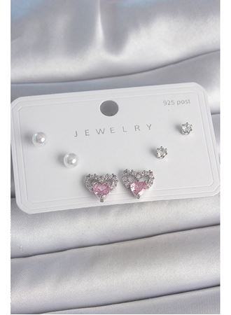 Pirinç Gümüş Renk Pembe Zirkon Taşlı Kalp Model İnci Detay 925 Ayar Gümüş Çivi Kadın Küpe Seti