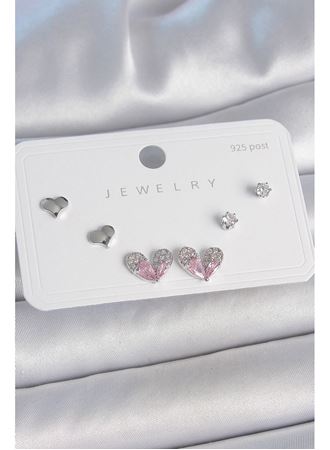 Pirinç Gümüş Renk Pembe Zirkon Taşlı Kalp Model 925 Ayar Gümüş Çivi Kadın Küpe Seti