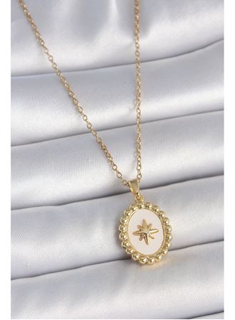 316L Çelik Gold Renk Zincir Beyaz Mineli Kutup Yıldız İşlemeli Madalyon Model Kadın Kolye