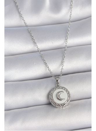 316L Çelik Gümüş Renk Zincir Beyaz Mineli Hilal İşlemeli Madalyon Model Kadın Kolye
