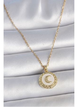 316L Çelik Gold Renk Zincir Beyaz Mineli Hilal İşlemeli Madalyon Model Kadın Kolye