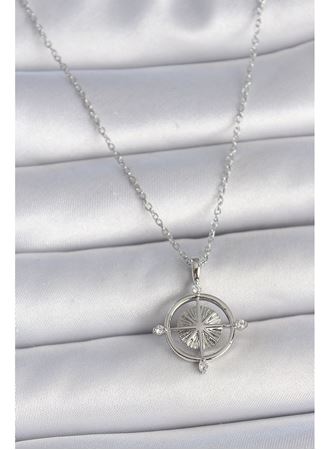 316L Çelik Gümüş Renk Zincir Zirkon Taşlı Pusula Model Kadın Kolye