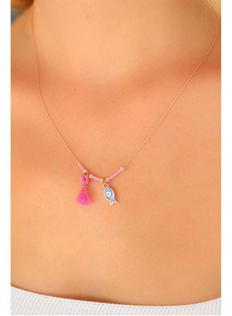 Nazar Boncuklu Pembe Renk Taşlı Rose Bayan Kolye