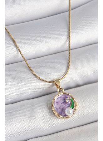 316L Çelik Gold Renk Zincir Mor Çiçek İşlemeli Zirkon Taş İnci Detaylı Minimal Portre Model Kadın Kolye