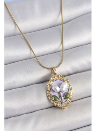 316L Çelik Gold Renk Mor İncili Çiçek İşlemeli Portre Model Kadın Kolye