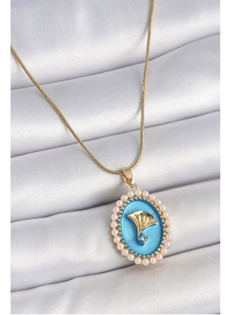316L Çelik Gold Renk Zincir Mavi Mineli İncili Zirkon Taşlı Çiçek İşlemeli Portre Model Kadın Kolye