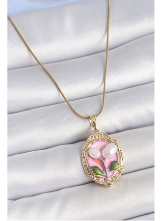 316L Çelik Gold Renk Zincir Pembe Mineli İncili Çiçek İşlemeli Portre Model Kadın Kolye