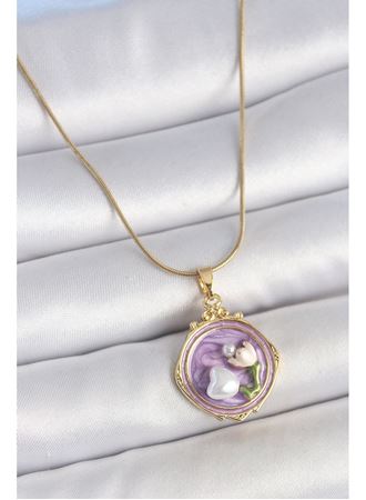 316L Çelik Gold Renk Zincir Mor Mineli İncili Çiçek İşlemeli Portre Model Kadın Kolye