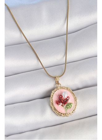 316L Çelik Gold Renk Zincir Pembe Mineli İncili Çiçek İşlemeli Portre Model Kadın Kolye