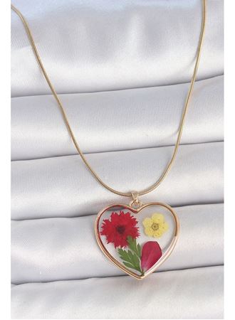 316L Çelik Gold Renk Zincir Epokis Kalp Doğal Çiçek Model Kadın Kolye