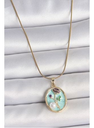 316L Çelik Gold Renk Zincir Mavi Çiçek İşlemeli İnci Detay Portre Model Kadın Kolye