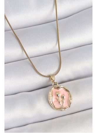 316L Çelik Gold Renk Zincir Pembe Mineli Çiçek İşlemeli Portre Model Kadın Kolye