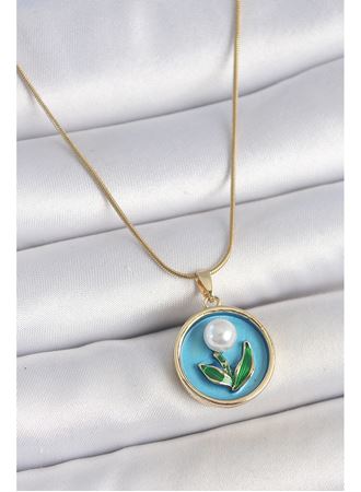 316L Çelik Gold Renk Zincir Mavi Mineli İncili Çiçek İşlemeli Portre Model Kadın Kolye