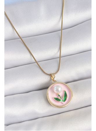 316L Çelik Gold Renk Zincir Pembe Mineli İncili Çiçek İşlemeli Portre Model Kadın Kolye