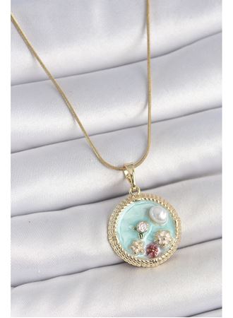 316L Çelik Gold Renk Zincir Mavi Mineli İnci Çiçek İşlemeli Zirkon Taş Detaylı Madalyon Model Kadın Kolye