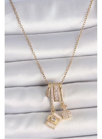 316L Çelik Gold Renk Zirkon Taşlı Sallantı Fotoğraf Makinası Figür Charm Kadın Kolye