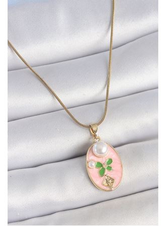 316L Çelik Gold Renk Zincir Pembe Mineli Oval İncili Çiçek İşlemeli Portre Model Kadın Kolye