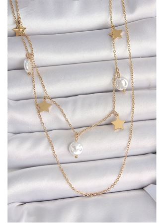 316L Çelik Gold Renk 2'Li Zincir Sallantı Yıldız İnci Model Kadın Kolye